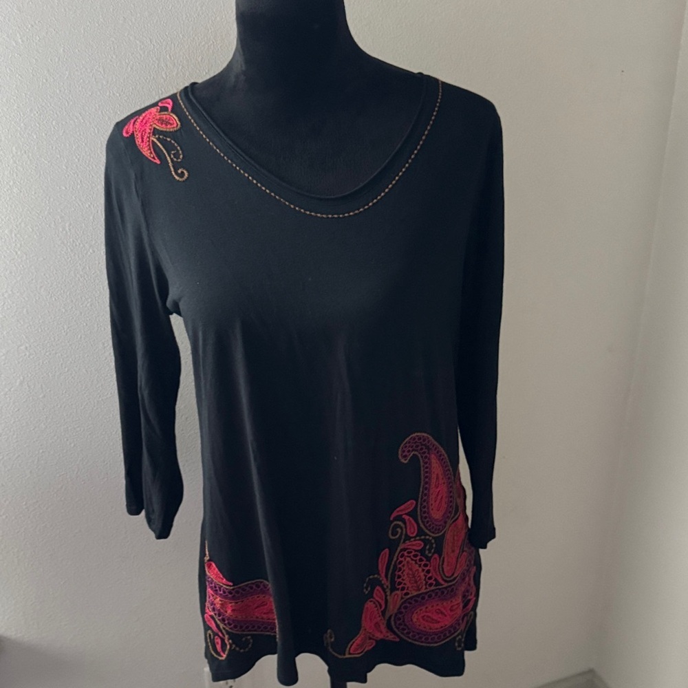 J.Jill Petite black paisley embroidered 3/4 sleeves t shirt top blouse Sz MP